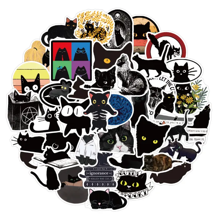 100 sheets/2 sets of black kitten graffiti stickers cute animal black cat personality decoration refrigerator cartoon sticker