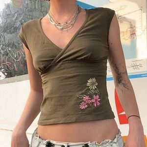 Olive Green Vintage Embroidered Floral Eco-Friendly Anti-UV Breathable Top Cross <b>V</b>-<b>Neck</b> Short Sleeve <b>T</b>-<b>Shirt</b> Custom Logo Slim - Product Image 3