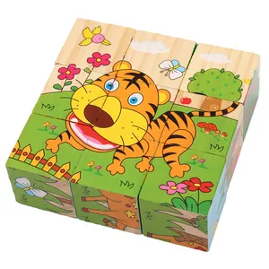 아기 장난감 나무 블록 도마 블록 나무 큐브 동물 과일 교통 9PCS 6 측면 교육 장난감 어린이 학습 선물