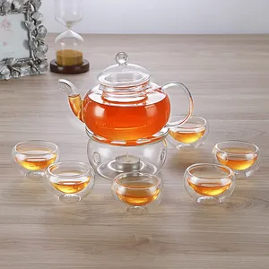 Juego de té de vidrio transparente, tetera con calentador, juego de tazas