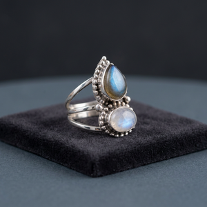 Rainbow Moonstone Labradorite 925 Sterling Silver Handmade Women's Ring Water Drop Boho December Birthstone Jewelry Navya Craft - Product Image 2