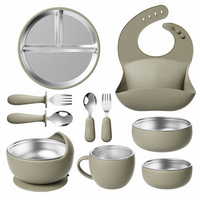 Ensemble de vaisselle pour bébé en acier inoxydable et silicone de haute qualité, 10 pièces, comprenant un bavoir, une tasse à ventouse, une tasse à eau, un ensemble d'alimentation pour bébé en silicone