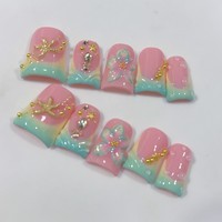 Tips Kuku Bentuk Bebek Buatan Tangan Pink Teal Gradasi Emas Bintang Laut 3D Bunga Daun 10 Pcs Full Coverage Kuku Tempel