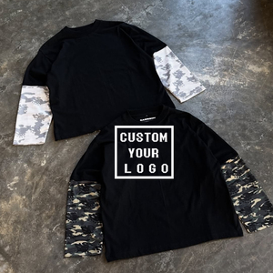 T-shirt da uomo oversize <span class=keywords><strong>nera</strong></span> con logo personalizzato, maniche lunghe in maglia <span class=keywords><strong>termica</strong></span> mimetica, pannello a strati e taglio squadrato, stile hip-hop - Product Image 1