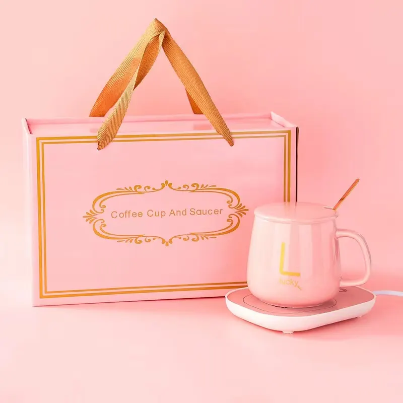 कारखाने की कीमत अनुकूलित गुलाबी सिरेमिक कॉफी मग तापमान नियंत्रण स्मार्ट कॉफी मग उपहार बॉक्स के साथ गर्म सेट