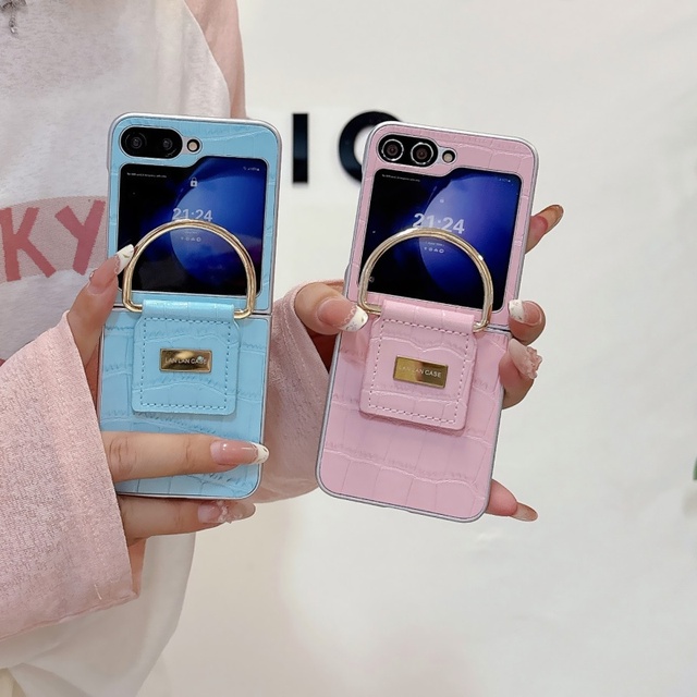 Leather Phone Case for Samsung Z Flip 7 6 5 4 Case with Alligator Texture Leather Ring Holder Full Protection Case Flip Cover