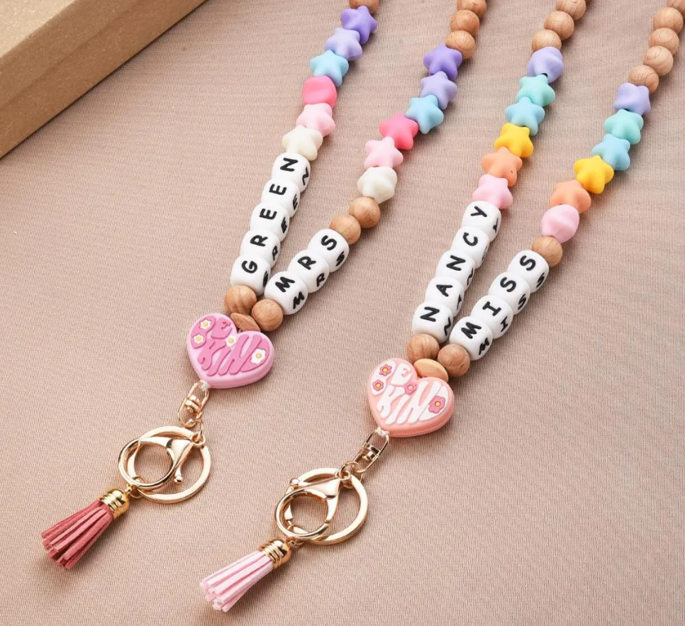 Custom Apple Teacher Silicone Beaded Lanyard Teacher Gift Personalized Name Lanyard