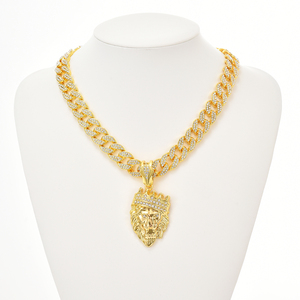 Corona testa di <span class=keywords><strong>leone</strong></span> <span class=keywords><strong>collana</strong></span> pendente <span class=keywords><strong>con</strong></span> 16mm Miami catene a maglie cubane Hip Hop cristallo placcato oro gioielli per uomo donna Unisex - Product Image 3