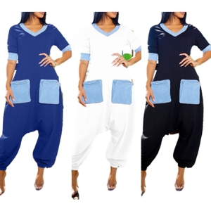 Mono informal de mezclilla con cuello en V, diseño de bloques de color y elástico, para mujer, a la moda - Product Image 1