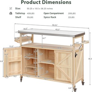 Solid wood hand-pushed food <b>cart</b>, outdoor movable multi-functional food <b>cart</b> with storage cabinet, suitable for home, garden, - Product Image 3