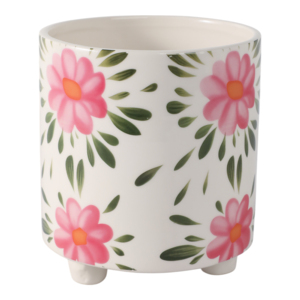 Pot de fleurs peint à la main avec des fleurs roses et des feuilles vertes pour la décoration intérieure et extérieure, salon, jardin. - Product Image 3