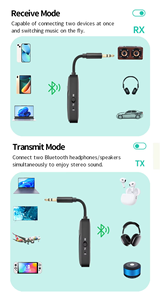 Transmisor y <span class=keywords><strong>Receptor</strong></span> <span class=keywords><strong>Bluetooth</strong></span> 6.0 2 en 1, Adaptador Inalámbrico <span class=keywords><strong>de</strong></span> Audio AUX <span class=keywords><strong>de</strong></span> 3.5 mm para Avión, Compatible con 2 Dispositivos para Auto, Avión y TV - Product Image 4