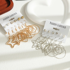 Pendientes de Moda, Geométricos, Estrella, Círculo, Aleación, Perlas, Diamantes, 6 Pares, Juego de Joyería para Aniversario - Product Image 1