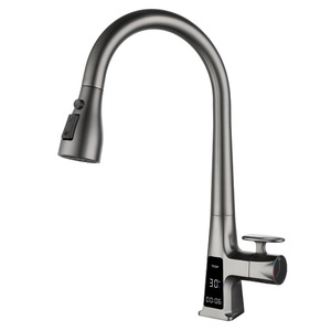 Robinet de cuisine numérique à LED mélangeur chaud-froid, <span class=keywords><strong>mitigeur</strong></span> de pont, robinet en cuivre Flexible rétractable de luxe blanc pivotant - Product Image 1