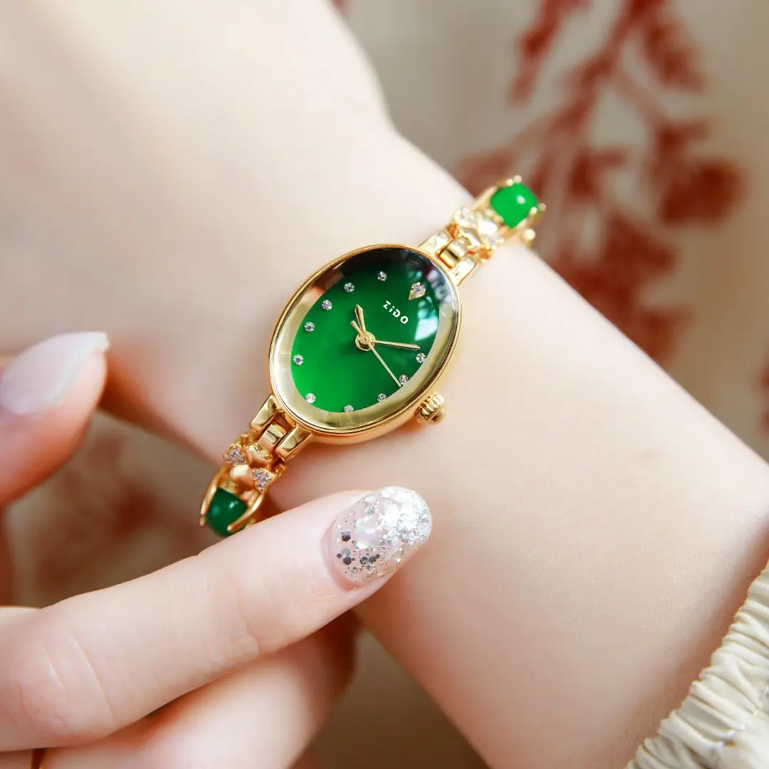 नई कैल्सेडोनी कंगन घड़ी आभूषण लक्जरी छोटी हरी कलाई घड़ी वाटरप्रूफ महिला उपहार घड़ी देखें