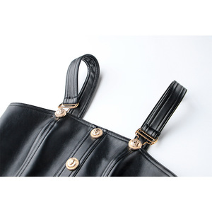 Sexy Club Party abito corto <span class=keywords><strong>in</strong></span> <span class=keywords><strong>pelle</strong></span> <span class=keywords><strong>con</strong></span> bottoni dorati gonne aderenti <span class=keywords><strong>in</strong></span> <span class=keywords><strong>pelle</strong></span> nera solida - Product Image 4