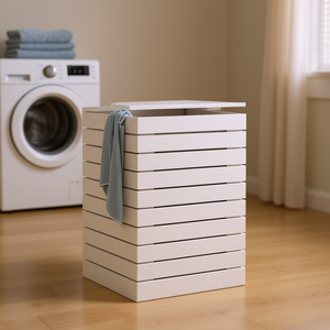 Panier à linge en bois massif 17,3x17,3x26 Blanc Rectangulaire Minimaliste Rangement Salle de Bain - Product Image 2