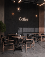 Aménagement intérieur de café minimaliste, mobilier de boutique, meubles en bois et en verre personnalisés, présentoirs et équipements pour café.