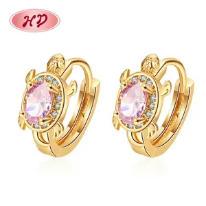 Wholesale Fashion Pink Tortoise Model Rhinestone 18K Gold Plated Cubic Zirconia Stainless Huggie Steel Hoop Earrings