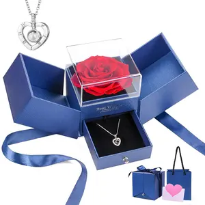 Coffret cadeau UO Luxury 2024 San Valentine's Day Rose rouge fleur immortelle triple boîte à bijoux avec porte-collier fleur préservée