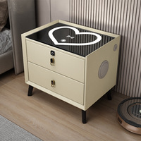 Table de Chevet Intelligente Moderne de Luxe en Bois avec Recharge Sans Fil LED, Meuble de Rangement Flottant en Cuir avec Tiroirs pour Chambre à Coucher
