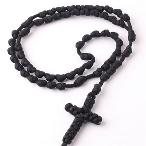 Rosario Cattolico Artigianale <span class=keywords><strong>in</strong></span> <span class=keywords><strong>Corda</strong></span> Nera Intrecciata con Nodo a Croce per Uomo - Product Image 4