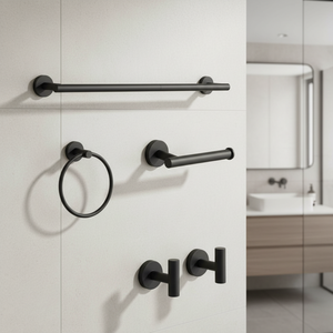 Kit complet d'accessoires de salle de bain en noir mat, design moderne pour la fixation murale de la salle de bain - Product Image 1