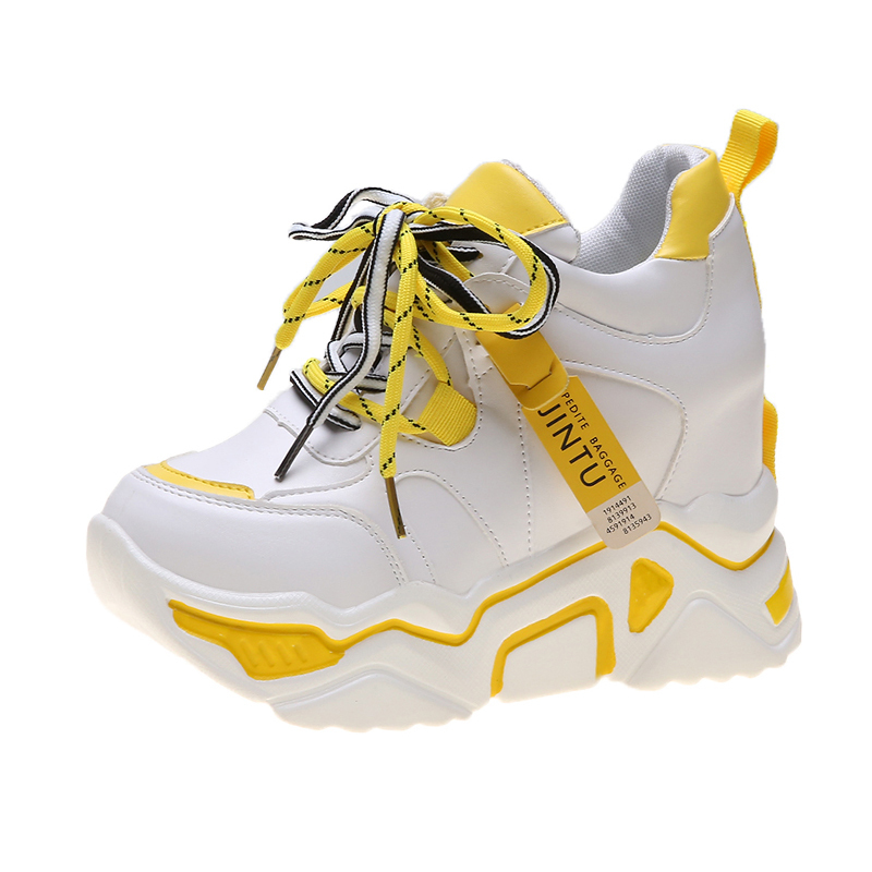 Женские кроссовки со шнуровкой на высоком массивном каблуке, модные кроссовки из искусственной кожи на платформе, цветная Спортивная повседневная обувь на танкетке для дам