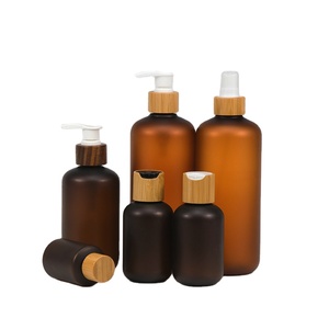 Grosir botol plastik Amber buram 150ml 200ml 250ml 300ml botol plastik Amber Pet dengan tutup bambu - Product Image 2