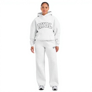 Wholesale Cotton Blend Fleece Pullover Hoodie and Straight Leg Joggers Two Piece <b>Set</b> With Custom Applique Embroidery - Product Image 1