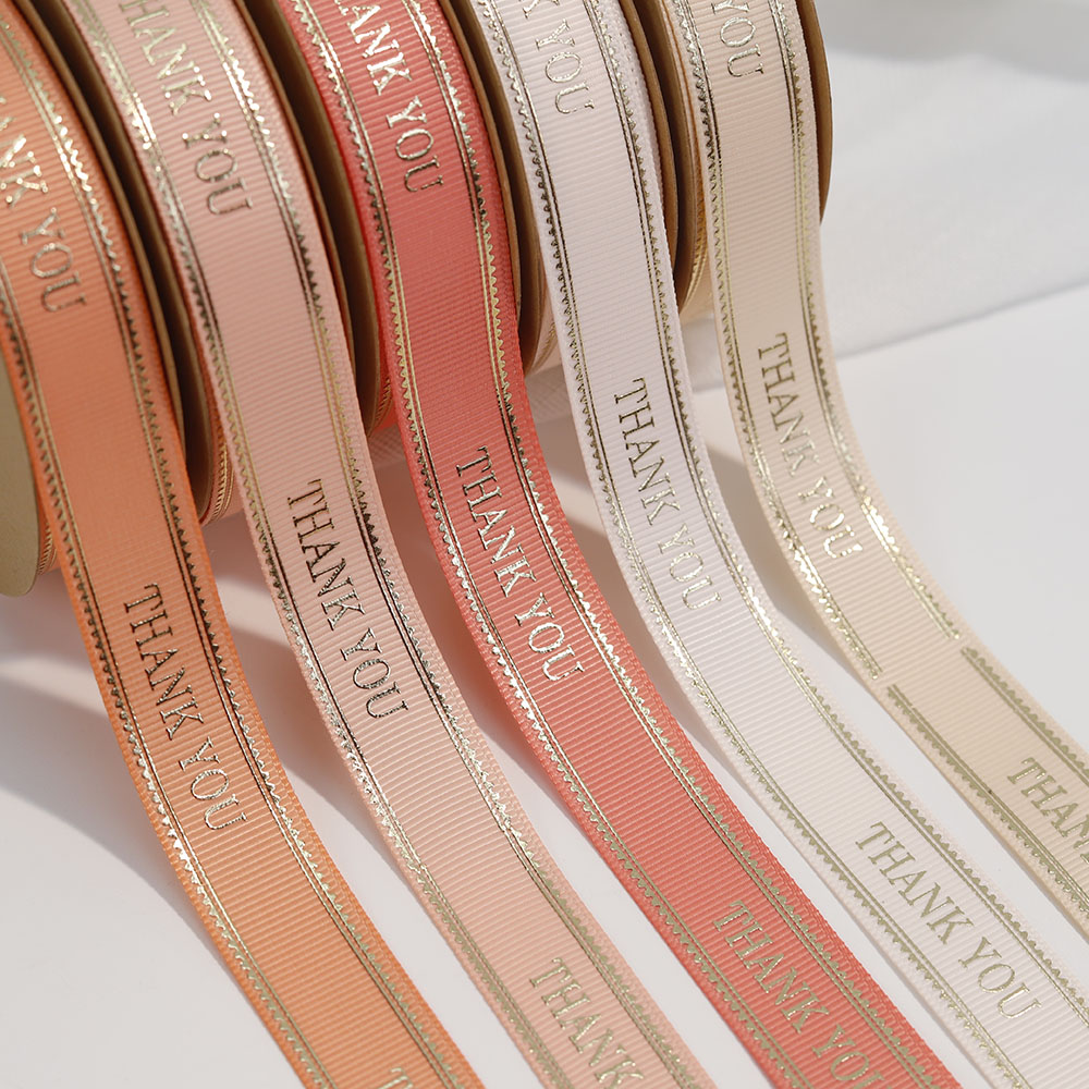 Customized Shiny Embossed Gold logo 25mm Thank You on Grosgrain Ribbon Printing Gift Ribbon with Brand Name