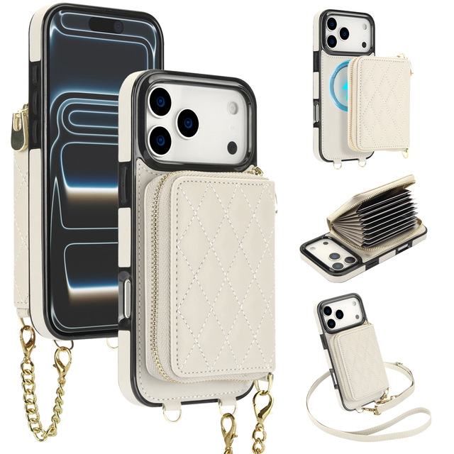 2 in 1 Magnetic Zipper Crossbody Leather Phone Case Detachable Wallet Cover for iPhone 17 iPhone 18 Pro Max