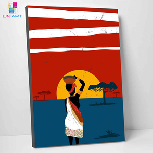 UNIART familia africana que lleva agua al atardecer arte de pared estilo africano ilustraciones con marco lienzo impresión arte de pared para decoración del hogar - Product Image 1