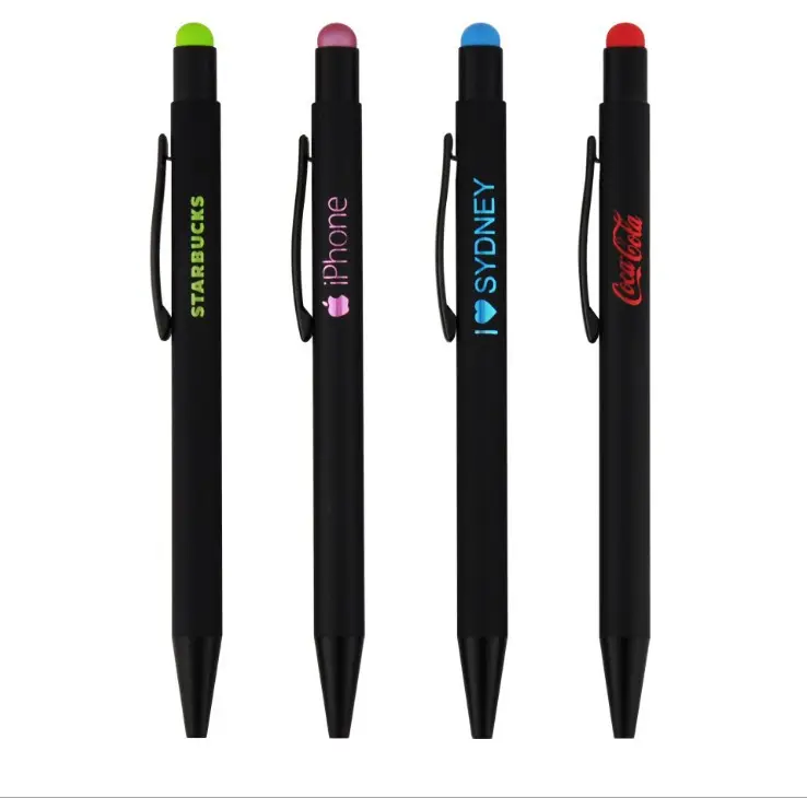 Hotel slim promotional black soft touch pad iphone pen with metal stylus touch pen customized engraved logo