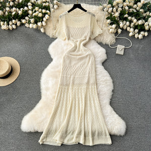 <span class=keywords><strong>Abito</strong></span> da donna in stile coreano, elegante e retrò, lavorato all'uncinetto traforato, a <span class=keywords><strong>maniche</strong></span> corte, tinta unita, di lusso, a trapezio, vestibilità slim, lungo a coda di pesce - Product Image 4