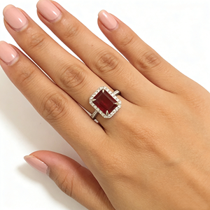 <span class=keywords><strong>Anello</strong></span> di Lusso in Oro Bianco 18K <span class=keywords><strong>con</strong></span> Rubino Taglio Smeraldo, Halo di Diamanti e Fascia Pavé, <span class=keywords><strong>Anello</strong></span> Nuziale - Product Image 5