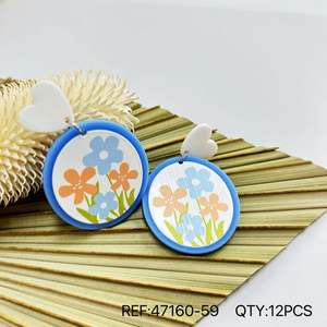 Pendientes redondos florales con forma de corazón azul, naranja y blanco, de resina acrílica para mujer, bonito juego de regalo, 12 unidades - Product Image 1