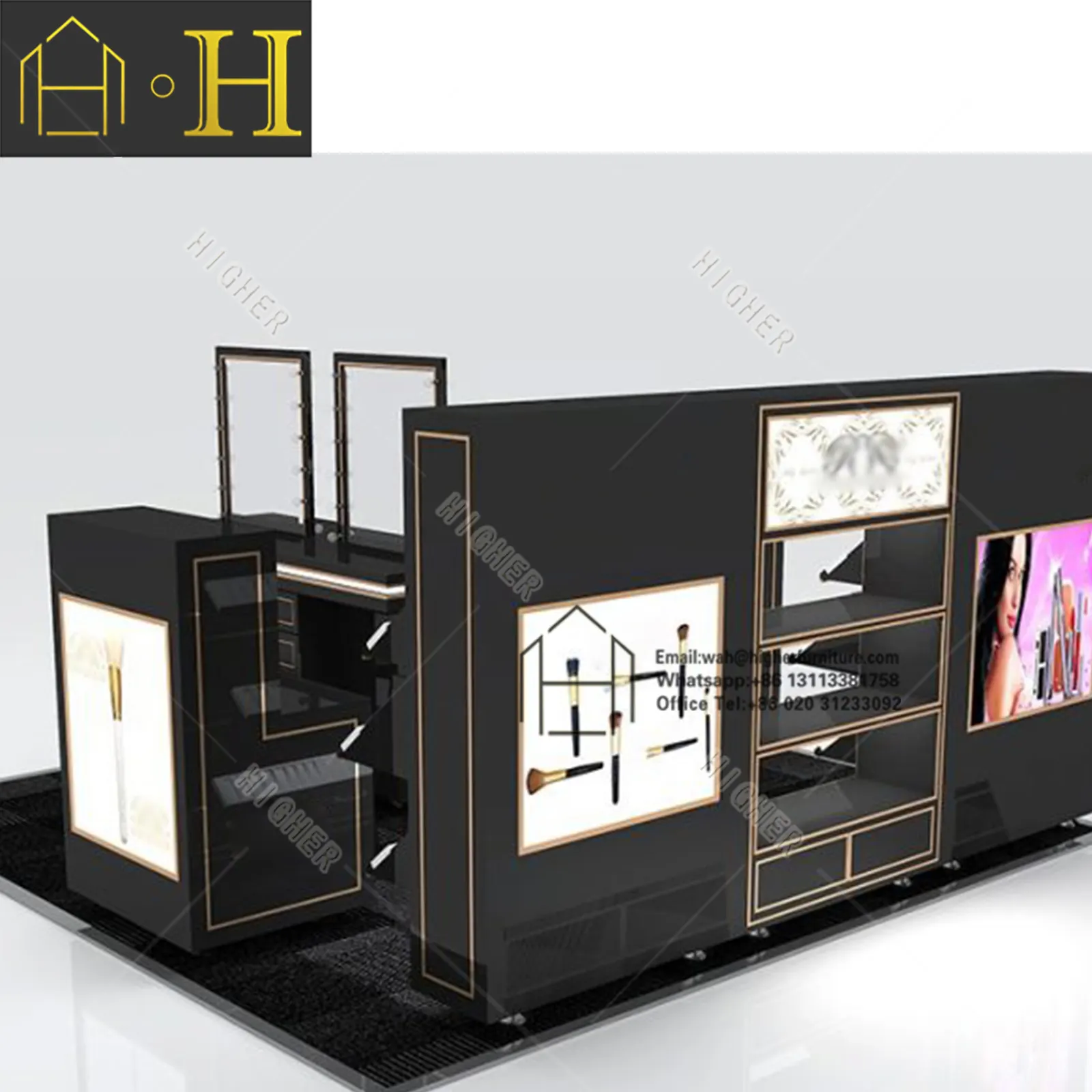 Vitrine cosmética varejo Cosmetic Kiosk Design Wooden Wall Cosmetic Shelf Showcase