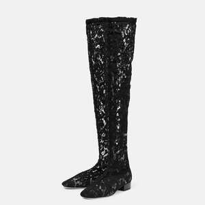 Big Size 46 Summer Floral Lace Upper Women Flat Over Knee Boots Mesh Sexy Long Booties Mature Lady Flats With Heel <b>Shoes</b> - Product Image 4