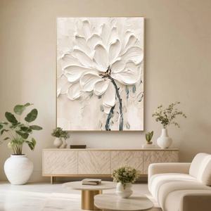 Peinture à l'huile sur toile florale blanche texturée 3D, minimaliste, peinte à la main, encadrée, art mural vertical, décoration murale pour la maison, galerie d'art - Product Image 4