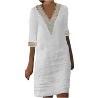 Robe d'été élégante mi-longue à manches longues en coton et lin à pois jacquard, col en V, style vintage décontracté