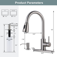 Robinet de cuisine extractible en acier inoxydable 304 avec distributeur de savon et plaque de fixation, nickel brossé