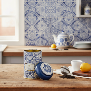 Kontensan ER115Y2 1.2L Azulejo-Inspired Blue White Decorative Pattern Metal Tin Dome Lid Unique Design Home Kitchen Storage - Product Image 3