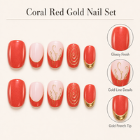 H004-3 Kaixin Faux Ongles Courts Carrés à Coller Rouge Corail avec Motif Spirale Doré et Pointe Française Brillante en Feuille d'Or – Vente en Gros