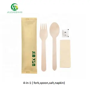 4-in-1 Content Fork Spoon Salt Napkin Eco Friendly Biodegradable Birch Wood Kit Disposable Wooden Cutlery Set