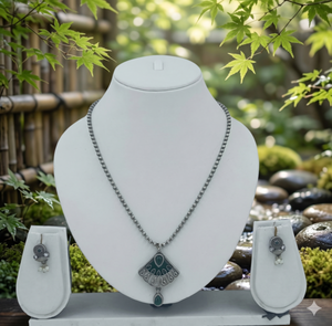 DIVYORO Fan-Shaped Blue Stone Oxidized Silver <b>Necklace</b> Set for Women Traditional Ethnic Jewelry Vintage <b>Statement</b> <b>Necklace</b> Set - Product Image 3