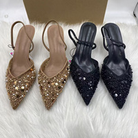 Nouvelles mules à talon aiguille pour femme, en maille, couleur abricot uni, ornées de perles, à bout ouvert, collection printemps