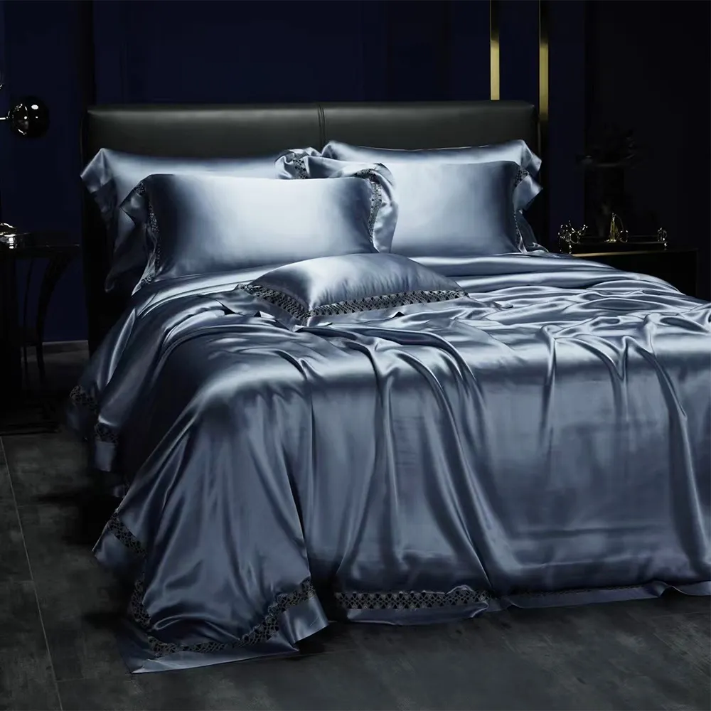Оптовая продажа с завода, высококачественное темно-синее шелковое постельное белье, Шелковый Комплект постельного белья с пододеяльником, шелковая простыня, Комплект постельного белья