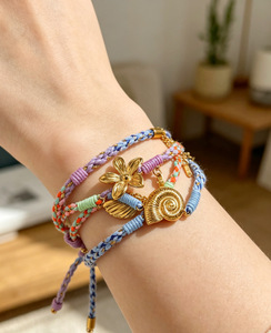 Pulsera de Cuerda de Algodón Trenzada Estilo Boho Hecha a Mano con Dije de Concha de Caracol y Flor de Acero Inoxidable Chapado en Oro de 18K, Joyería de Playa para Mujer - Product Image 2