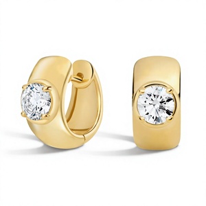 <b>Chunky</b> Bezel Set 18K 14K Gold Plated Solitaire Round Diamond Huggie Earrings <b>Hoop</b> Wide Band <b>Hoop</b> Women's Everyday Wear Jewelry - Product Image 1